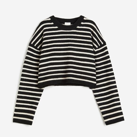 H&M Cropped Sweater Size M Wool Blend Black White Striped Crew Neck Long Sleeves - Picture 5 of 14